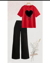 Red colour shirt(melting heart ) print with black wide leg jeans